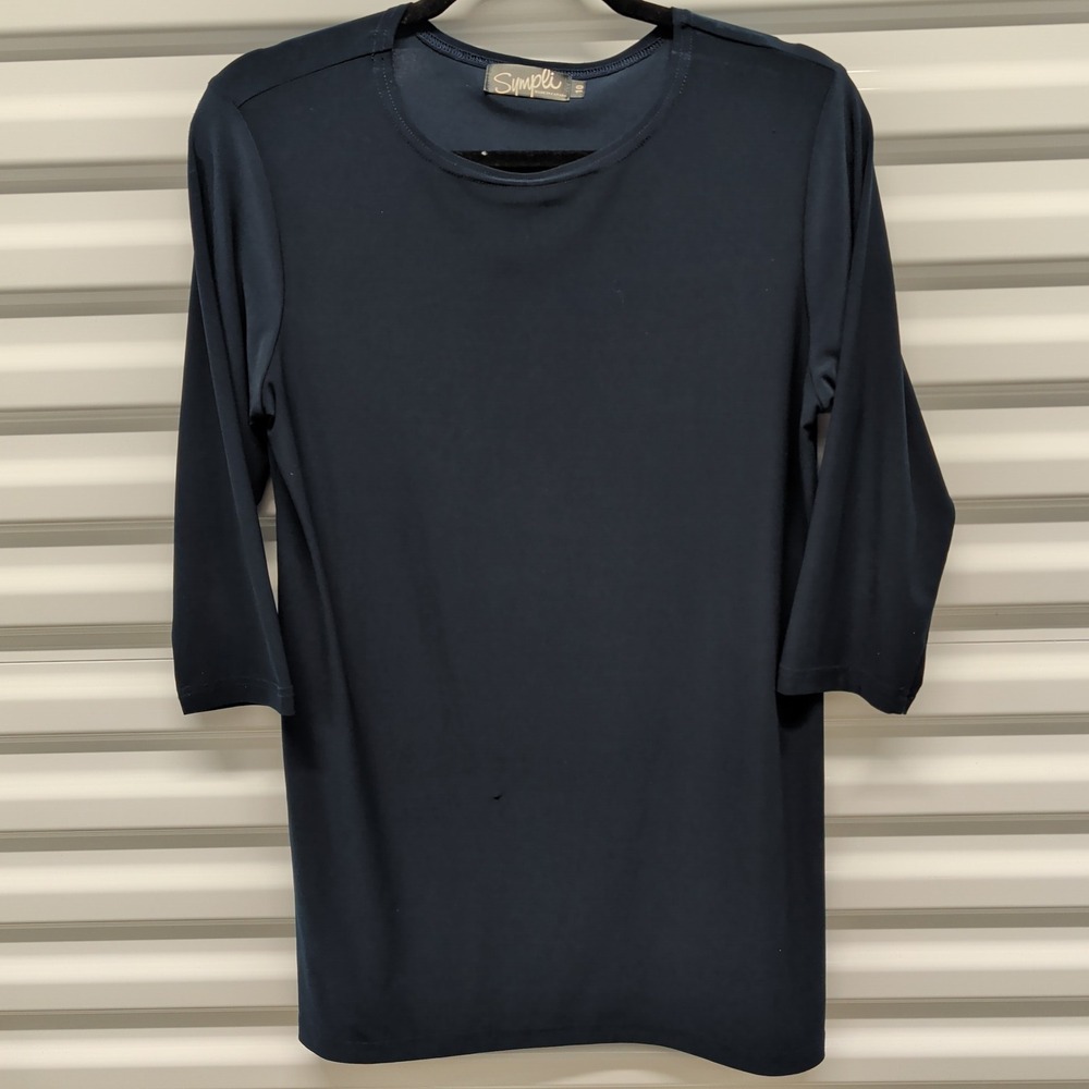Sympli Navy Blue 3/4 Sleeve Tunic Top Size 10 Womens Matte Jersey Side Slit — photo 2